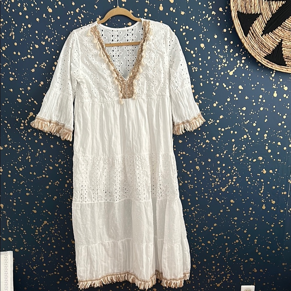 Cream V-Neck Bell Sleeve Sundress